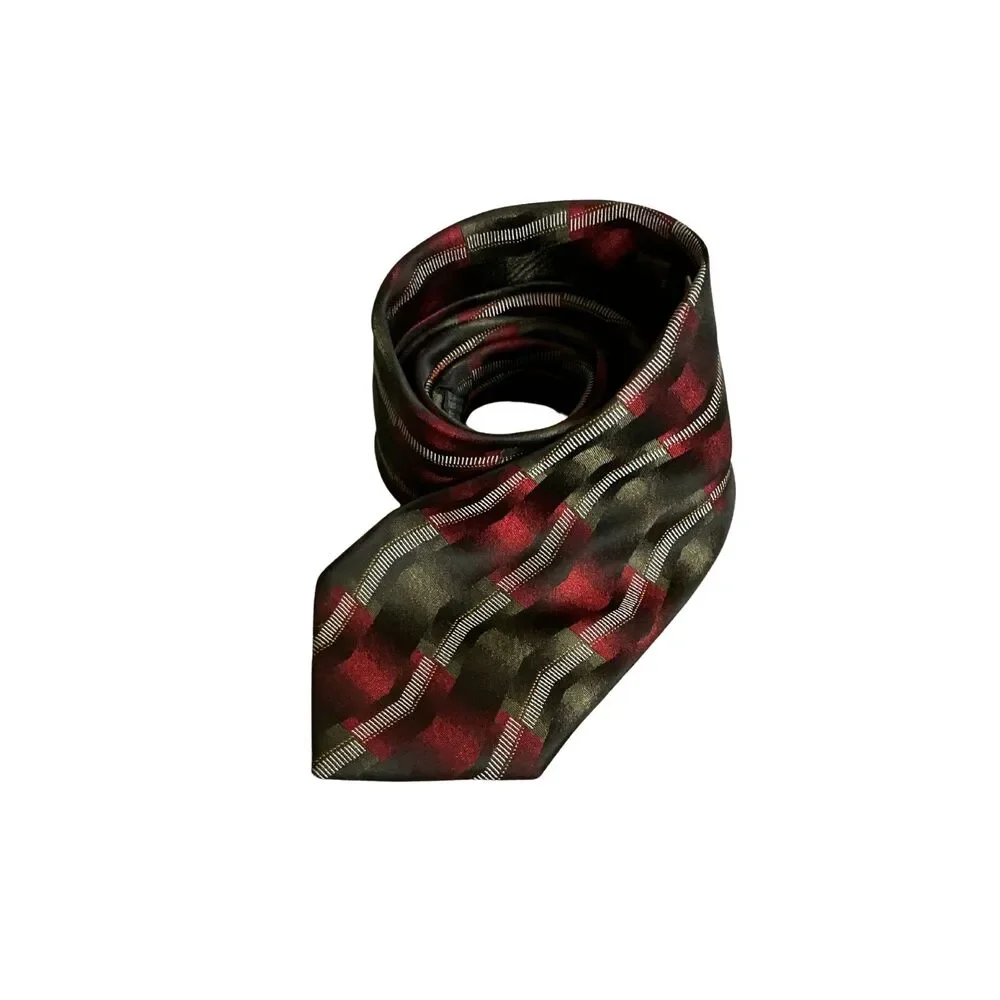 Carlos Devenezia Mens Necktie 59”L 4”W Handmade Geometric Red Olive Green Tie